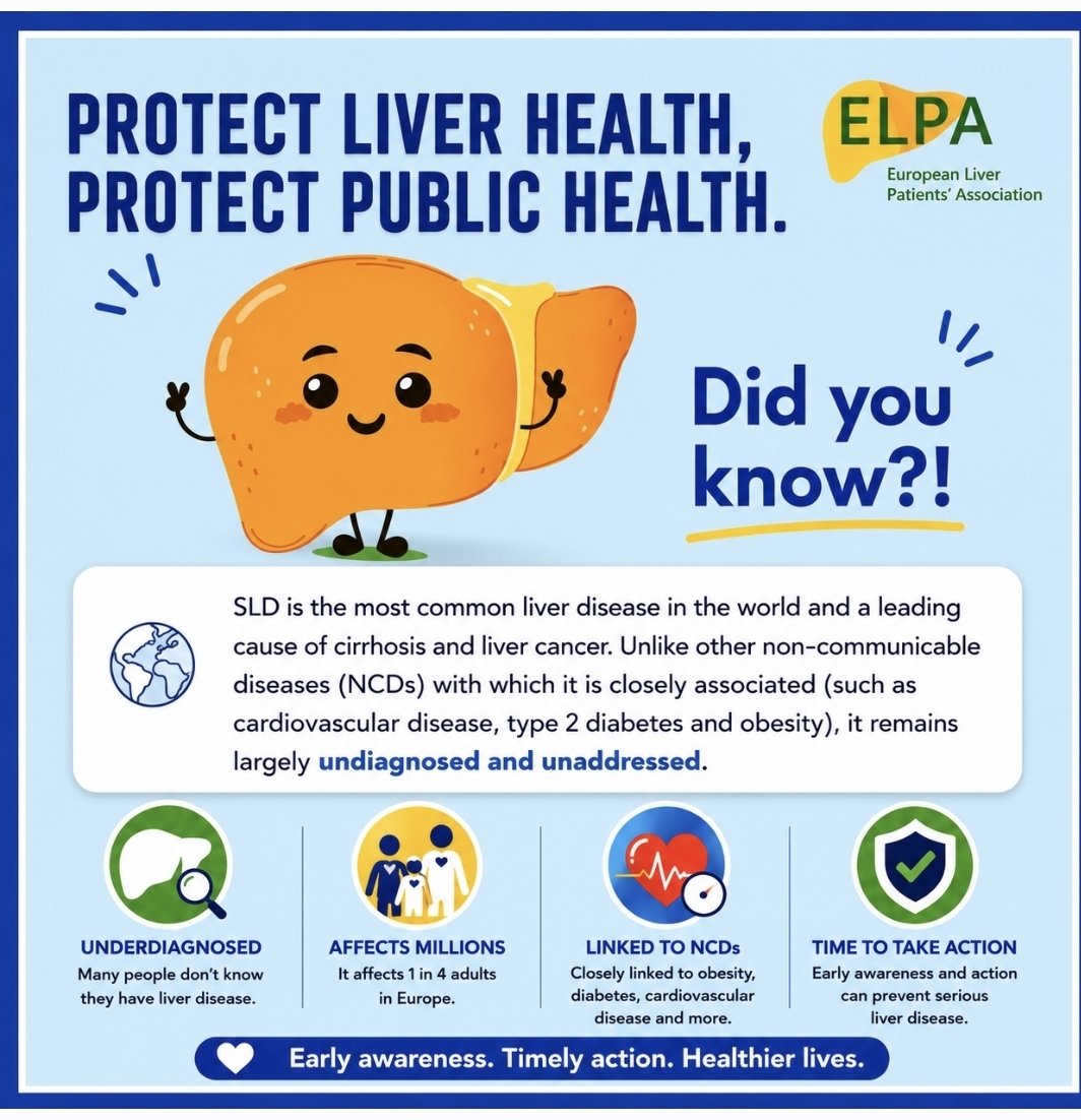 EuropeLiver's tweet photo. 🚨 As European #FattyLiverMonth in Europe comes to an end, our work is far from over.

This month has helped raise awareness, but awareness alone is not enough. It is time to turn knowledge into action and place liver health where it belongs—at the heart of the public health agenda.

Steatotic Liver Disease (SLD/MASLD) is no longer "just" a liver disease. It is one of the strongest examples of how chronic diseases are deeply interconnected.

🔶 ⚖️ Obesity
🔶 🩸 Type 2 Diabetes
🔶 ❤️ Cardiovascular Disease
🔶 🧠 Stroke
🔶 🎗️ Cancer
🔶 🫀 Liver Cirrhosis
🔶 🫶 Liver Transplantation

These conditions share the same risk factors, accelerate one another, and place an enormous burden on patients, families, healthcare professionals, and health systems across Europe.

⚠️ Yet millions of people are still living with liver disease without knowing it.

That is why we must activate the alarm even louder.

📢 We need stronger prevention policies.
🔍 Earlier detection and integrated screening programmes.
🤝 Better collaboration across medical specialties.
👨‍⚕️ A multidisciplinary approach that connects #liver, #cardiology, #diabetology, #oncology, #neurology, #obesity care, #transplantation, and #primarycare.

🏛️Recognising liver health as a public health priority brings European and national initiatives together, driving integrated action across obesity, diabetes, cardiovascular disease, stroke, cancer and transplantation—because better liver health means better public health. 💙

💙 Protecting liver health means protecting the entire person—not just one organ.

Every FibroScan performed, every conversation started, every policy changed, and every life saved brings us closer to a healthier Europe.

Together, let's ensure that the momentum of #FattyLiverMonth** does not end today.

🚨 Let's make liver health impossible to ignore.

Protect Liver Health. Protect Public Health.

#FattyLiverMonth #LiverHealth #ProtectLiverHealth #ProtectPublicHealth #MASLD #SLD #Obesity #Type2Diabetes #CardiovascularDisease #Stroke #Cancer #Transplantation #Prevention #EarlyDetection #Screening #PatientVoice #PublicHealth #HealthPolicy #ELPA 💙
@OliverVarhelyi @hans_kluge @WHO_Europe @EU_Commission