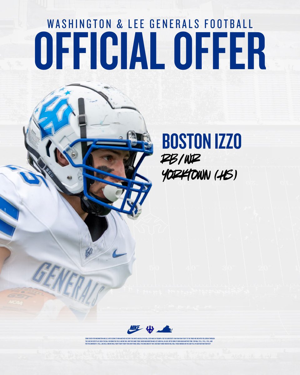 BostonIzzo's tweet photo. After a great call with @NickKazandjian I’m very excited to receive an offer from Washington and Lee! Thank you @coachlerose and the rest of the staff, looking forward to being back on campus soon!!

@YHSpatriotsFB @Generals_Fball @mfarrellsports @sixstarfootball @RecruitMatador @PrepRedzoneVA @carljfred @novafootballpod @SchwartzAthSpot @GAINSportsLLC @Mammoth_Recruit @IvyFootballHQ @StirFrySports @SportPrepX