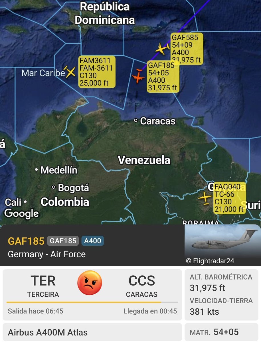 Arr3ch0's tweet photo. A ésta hora se aproximan a Venezuela 4 vuelos con ayuda:
Fuerza Aérea 🇲🇽 L-100-30 Hercules FAM-3611, Fuerza Aérea 🇩🇪 A400 Atlas 54+05 y 54+09, Fuerza Aérea 🇦🇷C-130H Hercules TC-66. https://t.co/BHEnBsiWCX