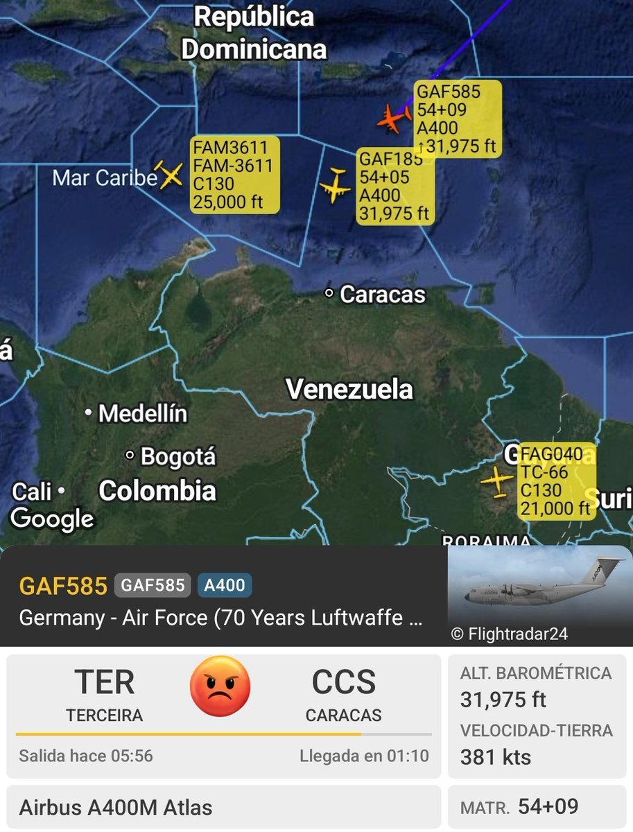 Arr3ch0's tweet photo. A ésta hora se aproximan a Venezuela 4 vuelos con ayuda:
Fuerza Aérea 🇲🇽 L-100-30 Hercules FAM-3611, Fuerza Aérea 🇩🇪 A400 Atlas 54+05 y 54+09, Fuerza Aérea 🇦🇷C-130H Hercules TC-66. https://t.co/BHEnBsiWCX