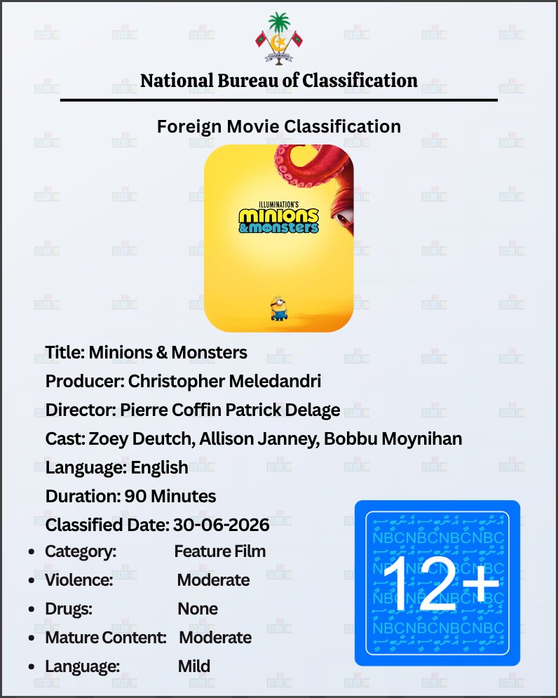 NBCMaldives's tweet photo. Minions & Monsters - Rated 12+ in Maldives
#classification #movie #nbcmaldives https://t.co/xO85cvkyev