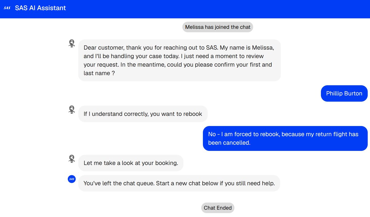 AquaViola's tweet photo. @flysas This was the results of a 13 minute chat, after my flight has been cancelled. You need a better chat system. https://t.co/0TI2n0NwAV