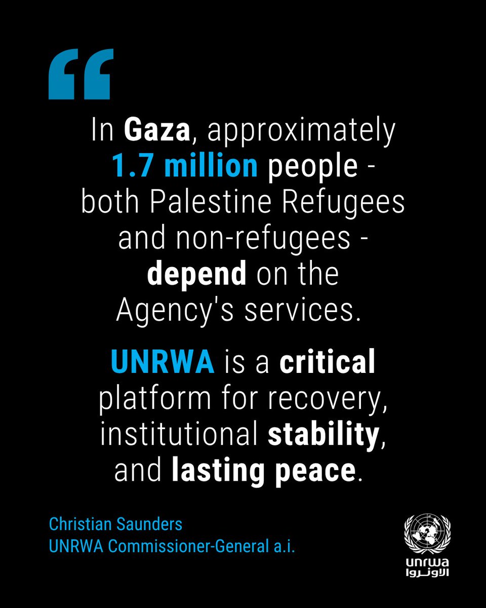 UNRWA's tweet photo. UNRWA must be allowed to operate at full capacity in #Gaza and bring in essential supplies. Lives depend on it.

At a moment of unprecedented humanitarian need, every available resource must be fully mobilised to sustain education, healthcare, water and sanitation, and vital psychosocial support.

UNRWA Commissioner-General a.i. @‌CFSaundersUN's' full statement: https://t.co/tBGA86yTsI