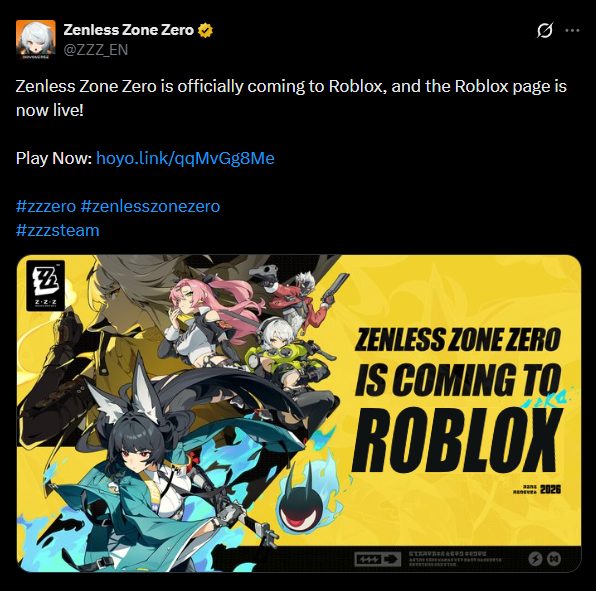 PopEridu's tweet photo. Zenless Zone Zero is officially coming to Roblox.

The game is now accessible on 3 seperate launchers, HoYoPlay, Steam and Roblox. https://t.co/C8LIfxOItb