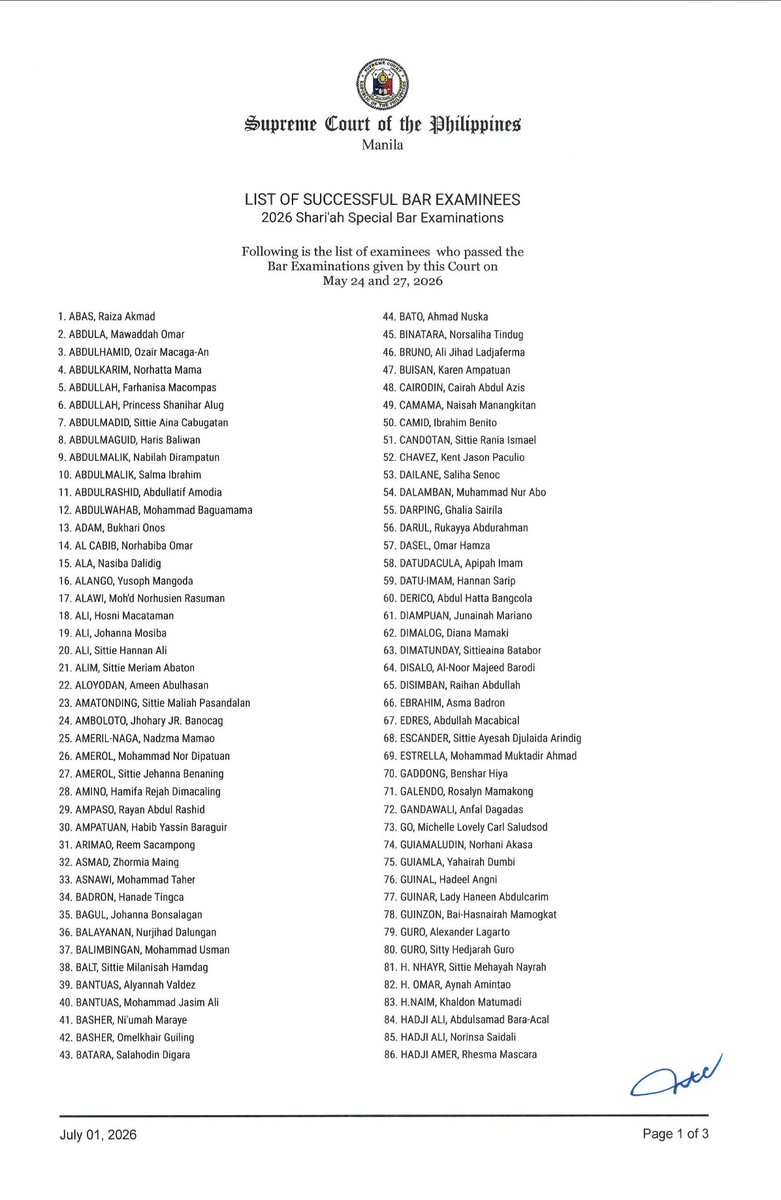 SCPh_PIO's tweet photo. READ: Complete List of Passers of the 2026 Shari’ah Special Bar Examinations

The results may also be viewed at: https://t.co/nDpTVHn2iQ

#2026ShariahBar
#SupremeCourtPH https://t.co/024fR3ZNJH
