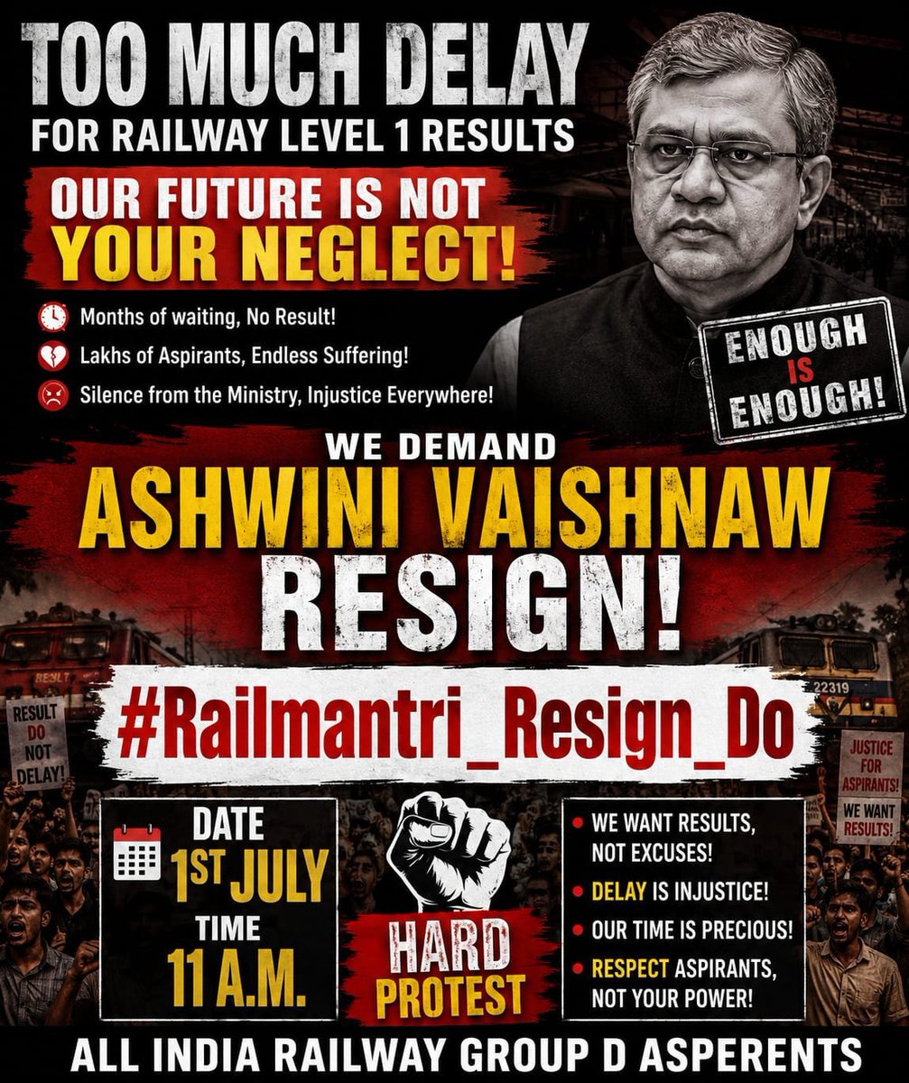 BrotherAda37986's tweet photo. Over 10 million aspirants poured their blood, sweat, and years into the RRB Group D CBT exam. The exams wrapped up in February, and we are still waiting.
Today, we speak in one voice: Release the results!

📢 #railway_groupd_result_do
📍 @AshwiniVaishnaw
#RAILWAY_GROUPD_RESULT_DO https://t.co/AvyQghgd7n