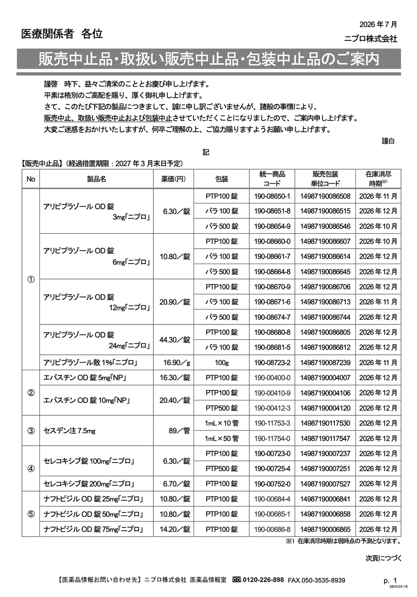2026年7月1日 ニプロ 販売中止品・取扱い販売中止品・包装中止品のご