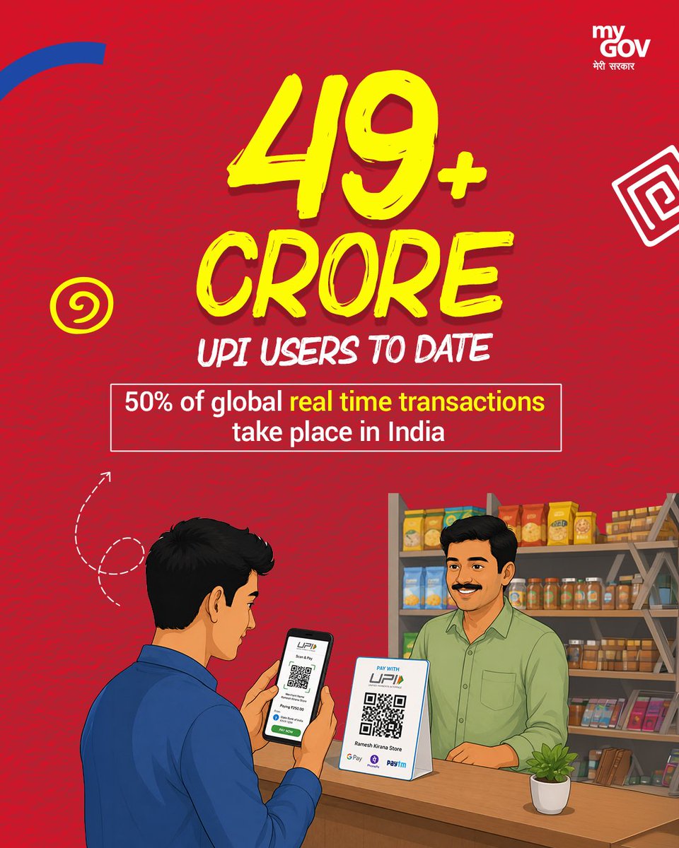 nsitharamanoffc's tweet photo. With over 49 crore UPI users, India proudly powers 50% of all global real-time digital transactions, driving an unstoppable digital revolution.

#11YearsOfDigitalIndia https://t.co/rF9n2Yi3wp
