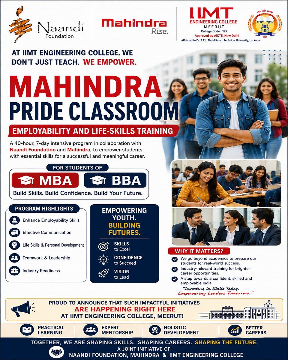 iiciimtcollege's tweet photo. A degree gets you qualified. Skills make you unstoppable. 🚀

At IIMT Engineering College, learning goes beyond classrooms.
Through the Mahindra Pride Classroom, in collaboration with Naandi Foundation.

#IIMTEngineeringCollege #MahindraPrideClassroom #SkillDevelopment https://t.co/0EUtqkxTiY