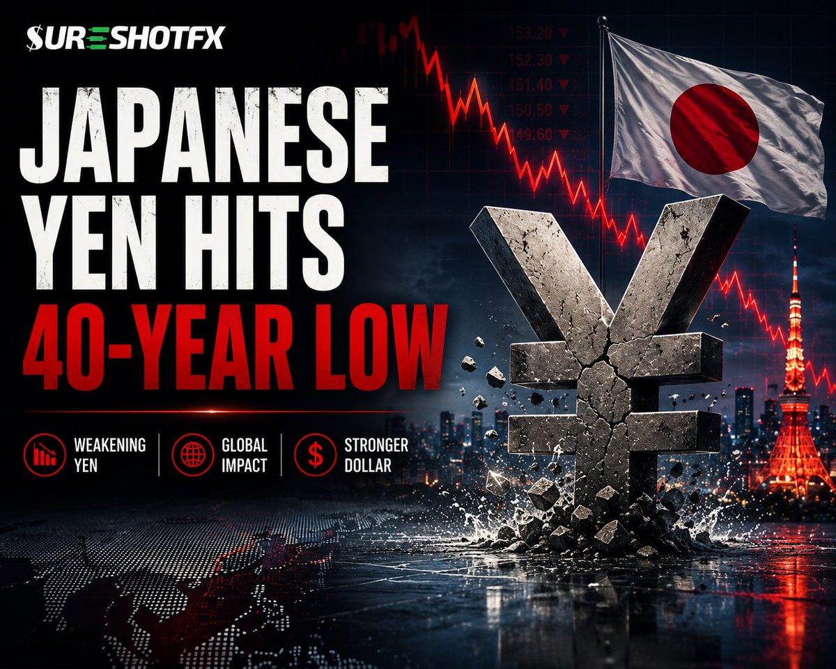 Sarahthomp1994's tweet photo. The Japanese Yen has fallen to its weakest level in 40 years. A widening interest rate gap, stronger U.S. dollar, and shifting global monetary policies.  For such market news stay tuned with -SureShotFX News
https://t.co/veGsiXDtsJ https://t.co/j0ljIa97mG