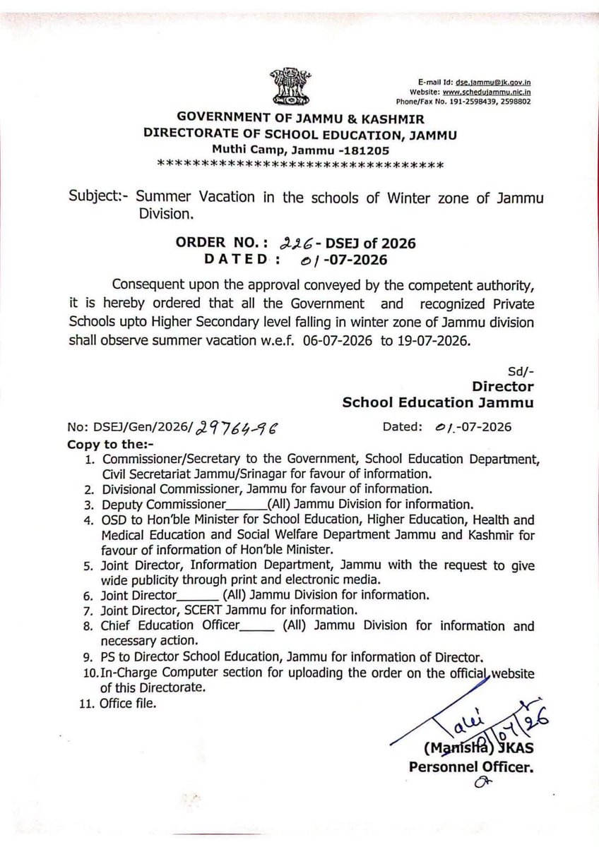 FaheemTak's tweet photo. Summer Vacations in Schools of Winter Zone of Jammu Division from July 06 to 19 of 2026 https://t.co/Ksc6tlVwLT