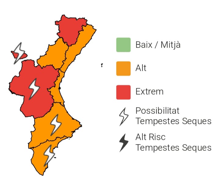 GVA112's tweet photo. 🔥El nivell de preemergència de risc d'incendis forestals hui 01/07 és:

🔴Extrem a l'interior nord de Castelló i a l'interior de València.
🟠Alt a la resta de la Comunitat Valenciana.

⚡️Possibilitat de tempestes seques a l'interior i sud de València, i a Alacant. https://t.co/VacJfHmxaj
