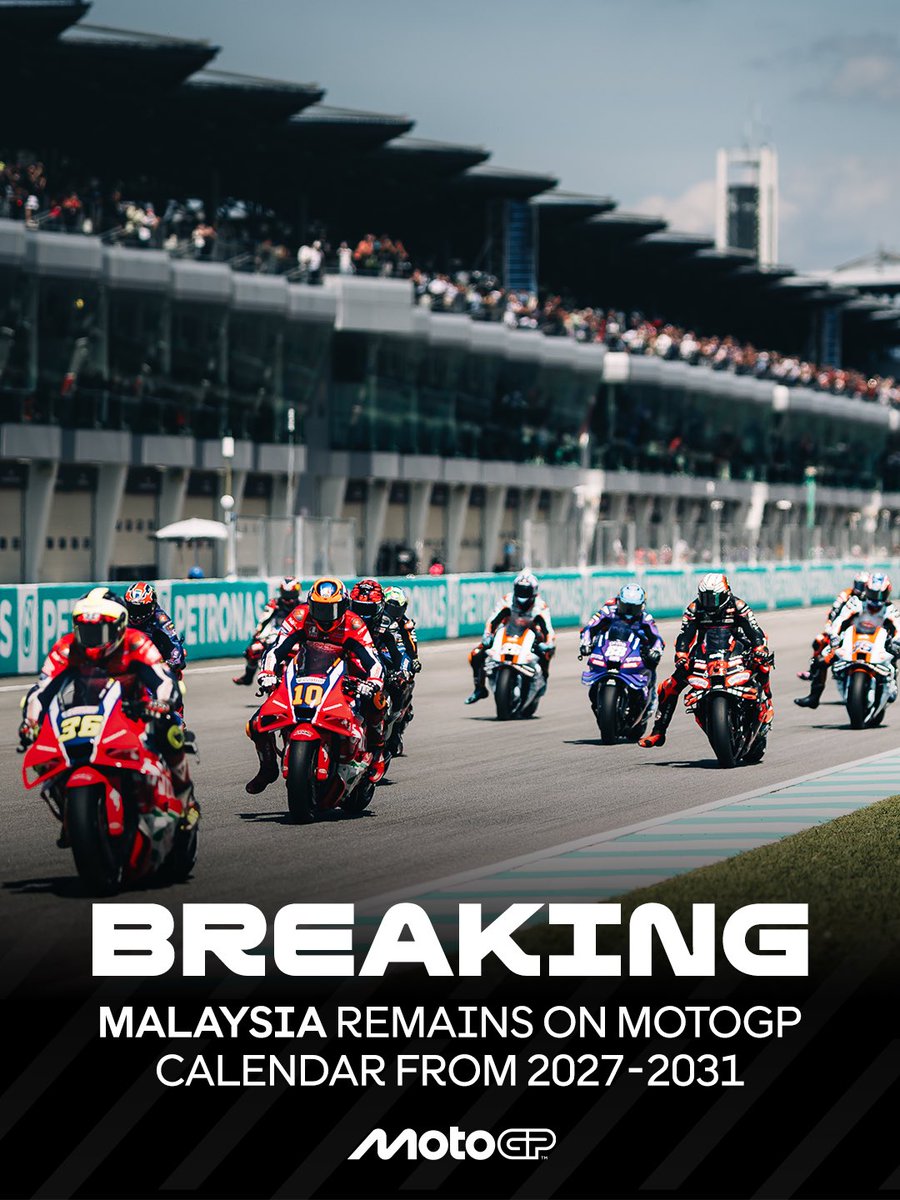 MotoGP's tweet photo. #MotoGP will continue to race at Sepang from 2027 to 2031, with a new contract recently approved by the Government of Malaysia ✅

#MalaysianGP 🇲🇾 https://t.co/2h4EiOmt7V