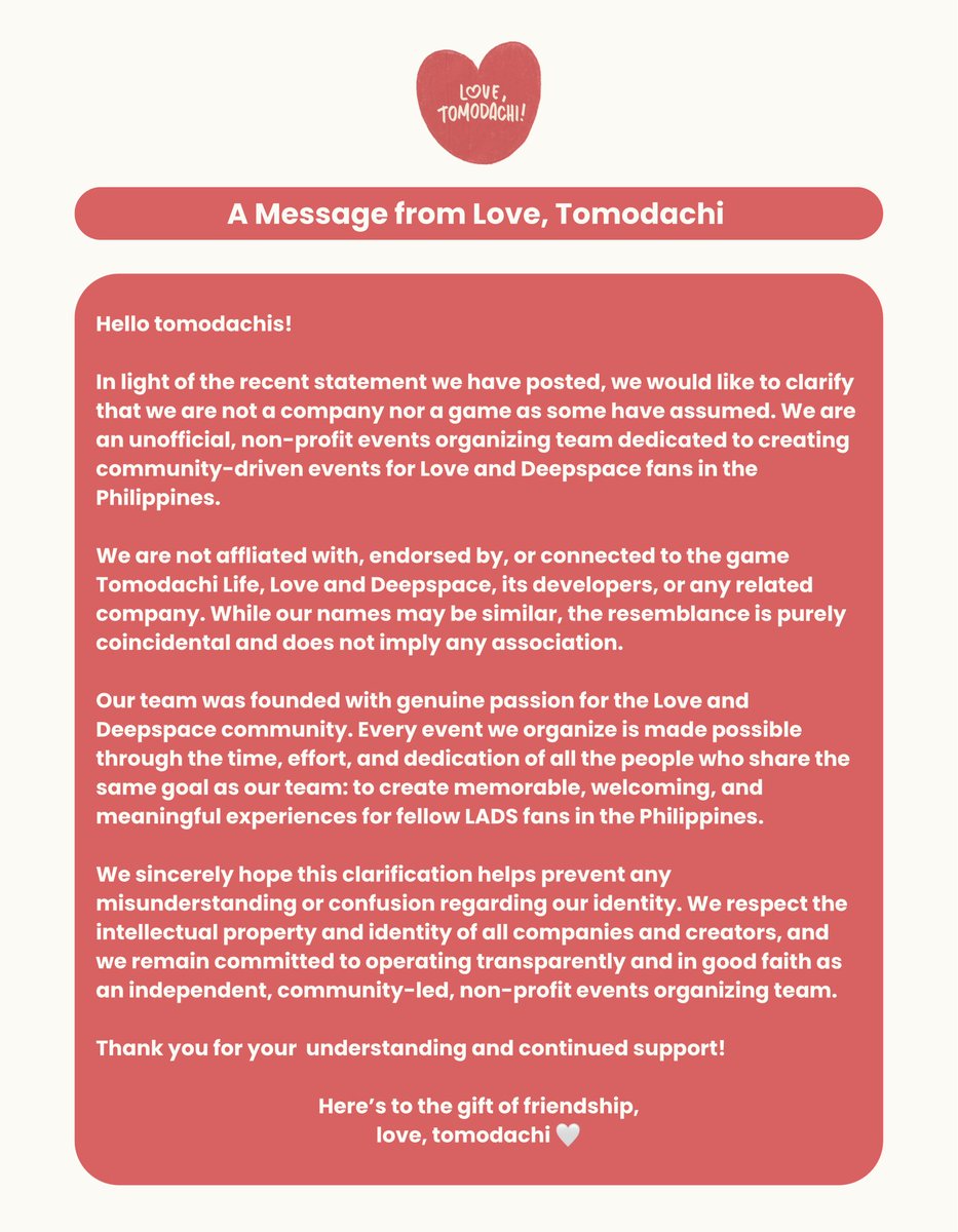 lovetomodachi_'s tweet photo. To our tomodachis,

We’ve noticed some confusion, so we'd like to clarify who we are.

Please take a moment to read our statement. Thank you for your continued support. ♥️ https://t.co/qUf6deNZFe