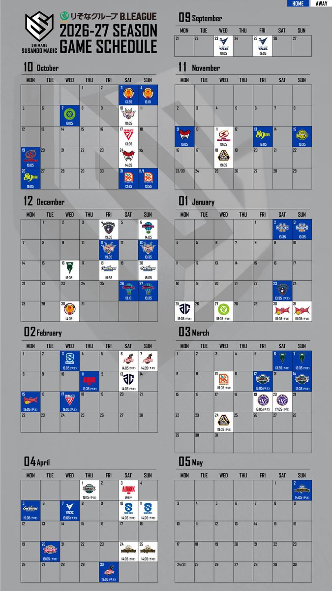 susanoo_m's tweet photo. ◆━━━━━━━━━━━━━━◆
　りそなグループ B.LEAGUE
　2026-27 SEASON
　リーグ戦前半の試合時間決定⏰◆━━━━━━━━━━━━━━◆

りそなグループ B.LEAGUE 2026-27 SEASON リーグ戦前半（9/22〜1/3）の試合開始時間が発表されました 🚨

9月22日(火)〜27日(日)の「開幕WEEK」において、島根スサノオマジックの初戦（9/23 長崎戦）は、リーグの注目試合『OPENING SELECTION』として開催されます🌟

カレンダーの準備や遠征・観戦の計画に、ぜひお役立てください。今シーズンも熱いご声援をよろしくお願いします🔥

🏟️HOME開幕戦
📆10/3(土) 13:35 TIP OFF 
　　    4(日) 13:10 TIP OFF
🆚 名古屋ダイヤモンドドルフィンズ 
📍松江市総合体育館

#島根スサノオマジック 
#Bリーグ #りそなグループ