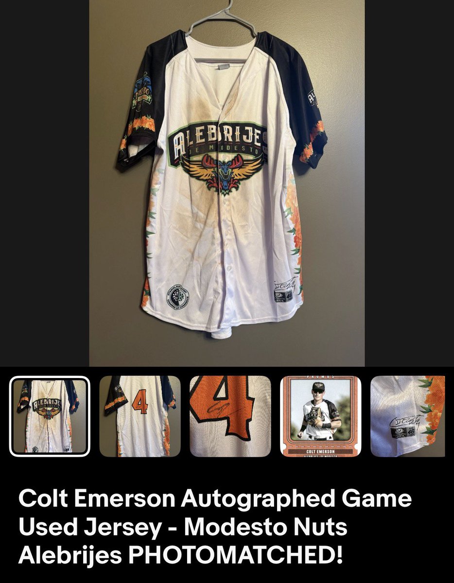 the_markcast's tweet photo. Popped on a game-used/signed Colt Emerson jersey for my 40th birthday and finally opened it tonight. 

It’s a Modesto Nuts “Alebrijes” theme night jersey. 

Truly a 1/1.

Exciting times for the #Mariners, our new long-term franchise infielder, and (hopefully) myself entering 40! 🤪

@Mariners 
@Colt_emerson