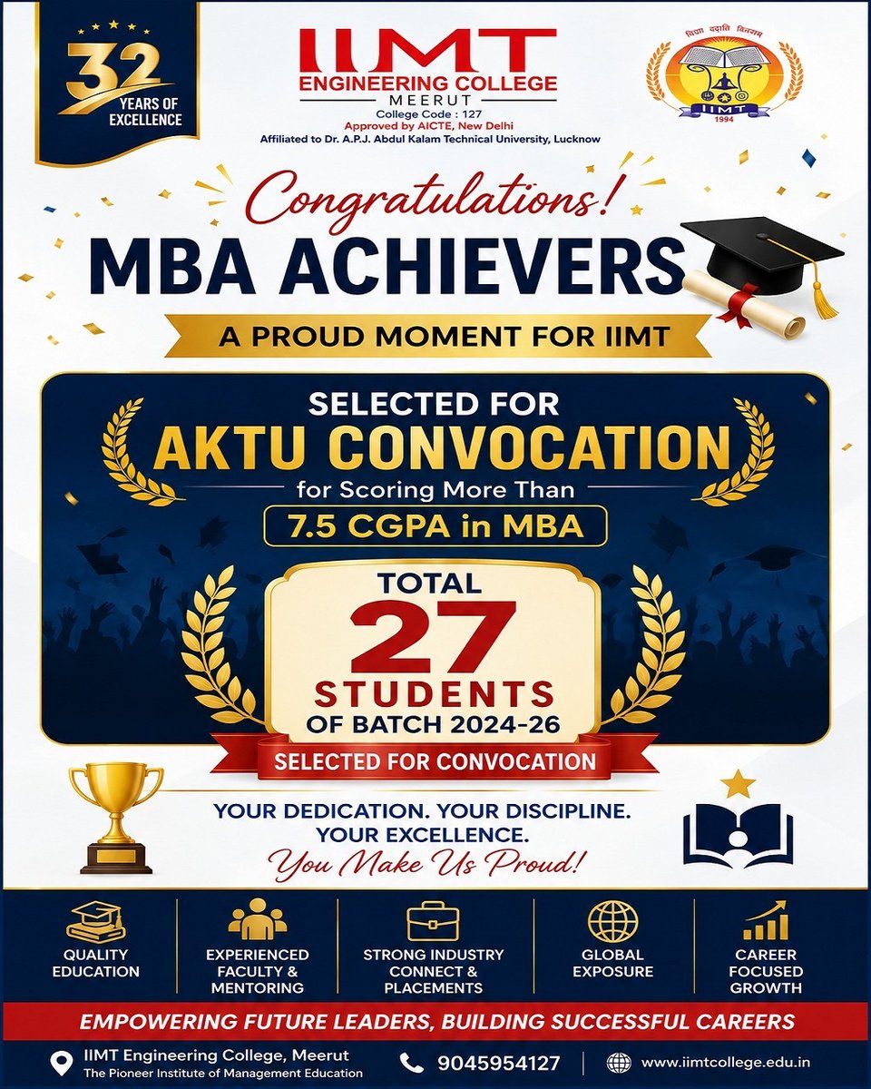iiciimtcollege's tweet photo. When excellence becomes a habit, achievements follow. 🎓

We’re proud to celebrate 27 MBA students who have been selected for the AKTU Convocation by securing 7.5+ CGPA.

The future belongs to those who strive for excellence.

#AKTUConvocation #IIMTEngineeringCollege #MBA https://t.co/Hq0cxJC1Ec
