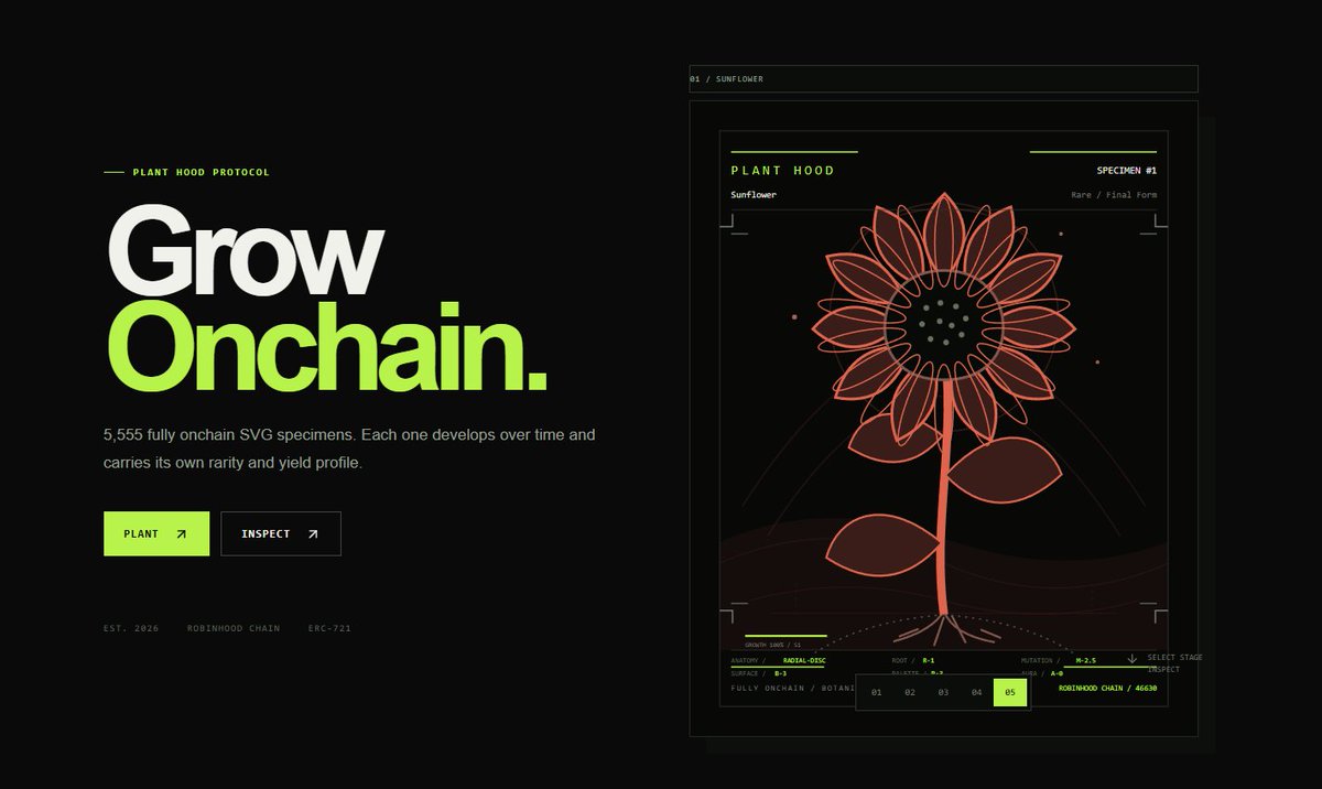 homiesxyz's tweet photo. Grow Onchain. Earn $PLANT on Robinhood!

5,555 fully onchain SVG specimens. Each one develops over time and carries its own rarity and yield profile.

https://t.co/kjOuNyUyJC https://t.co/YfKuYqGHOw