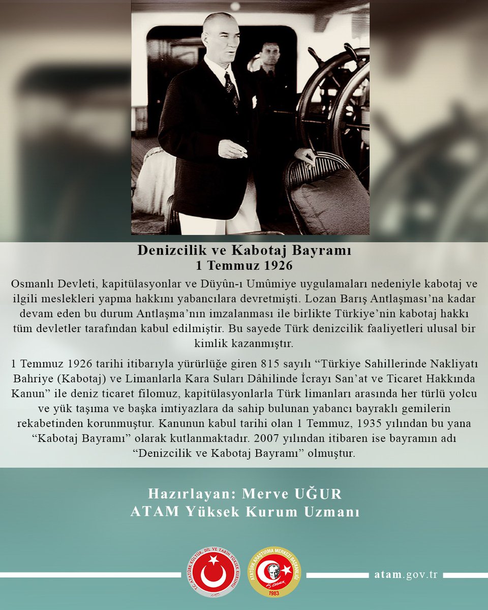 AtamBaskanlik's tweet photo. 1 Temmuz Denizcilik ve Kabotaj Bayramı kutlu olsun.

Ayrıntılı bilgi için bk. https://t.co/4hRPEpqrKj

https://t.co/rYHEJHLxYK https://t.co/u0Dogvd904