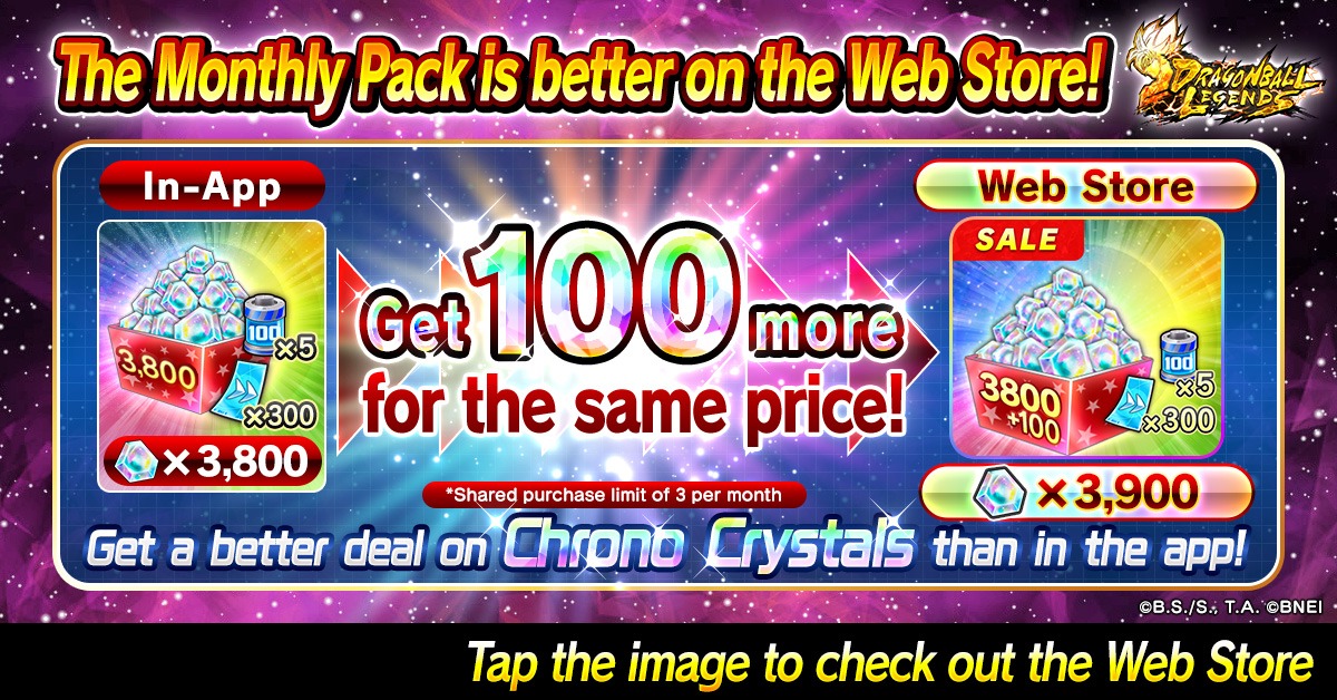 DB_Legends's tweet photo. [Monthly Pack Update!]

The Web Store is the best place to buy Monthly Packs!
Get great deals on Chrono Crystals!

#UnpredictableDBL8th
#DBLegends
#DragonBall