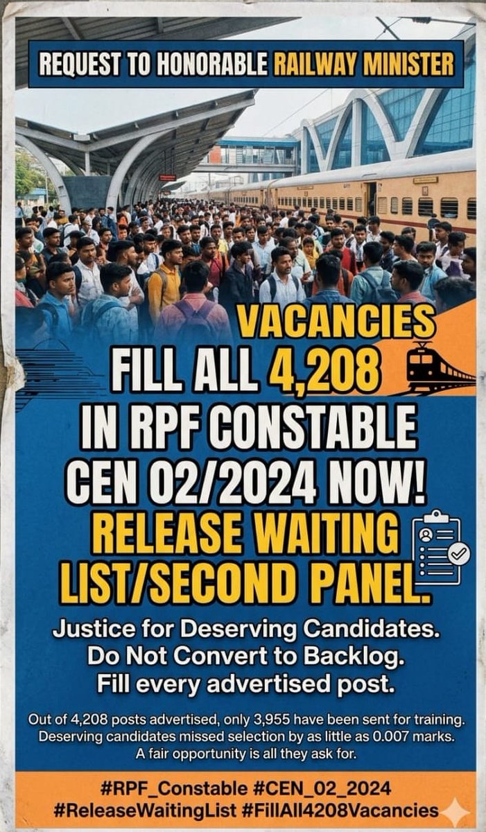 SkRaftar4's tweet photo. RPF Constable Second Panel जल्द जारी करो। सभी रिक्त पद भरे जाएँ।
#RPFConstable
#RPFSecondPanel
#IndianRailways
#CEN_02_2024 https://t.co/p5XRWa1u56