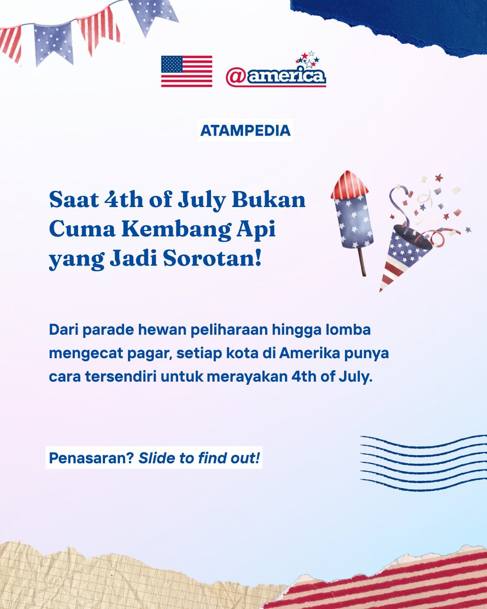 atamerica's tweet photo. Hari Kemerdekaan Amerika Serikat atau 4th of July bukan hanya tentang pertunjukan kembang api 🇺🇸✨

Di berbagai kota di Amerika, perayaan ini juga diwarnai oleh beragam tradisi unik yang telah berlangsung selama puluhan bahkan ratusan tahun.

#Atampedia #FourthofJuly https://t.co/8zGDRbLhv8