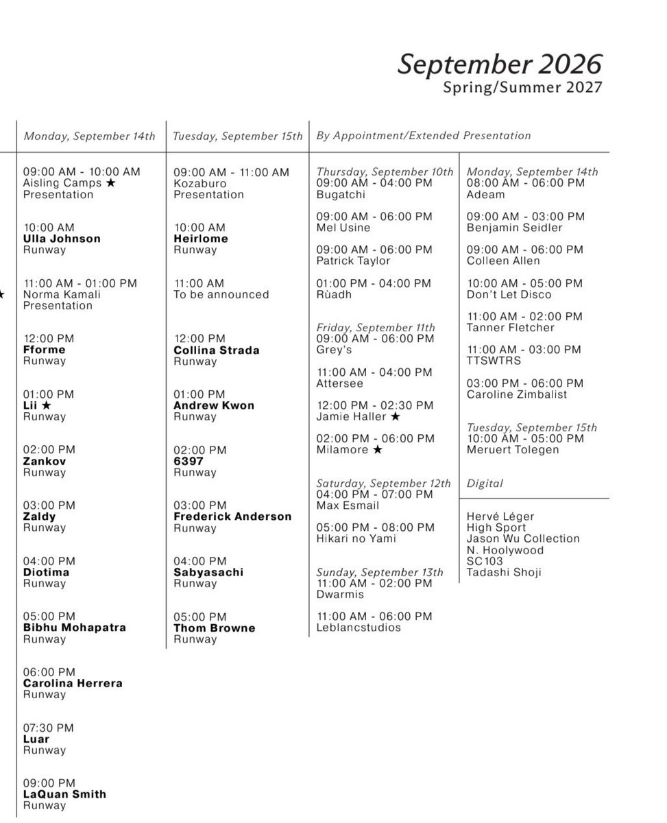 itgirlbackup's tweet photo. The preliminary NYFW schedule for ss27 is out!!!🚨 https://t.co/FKJzdtDCln