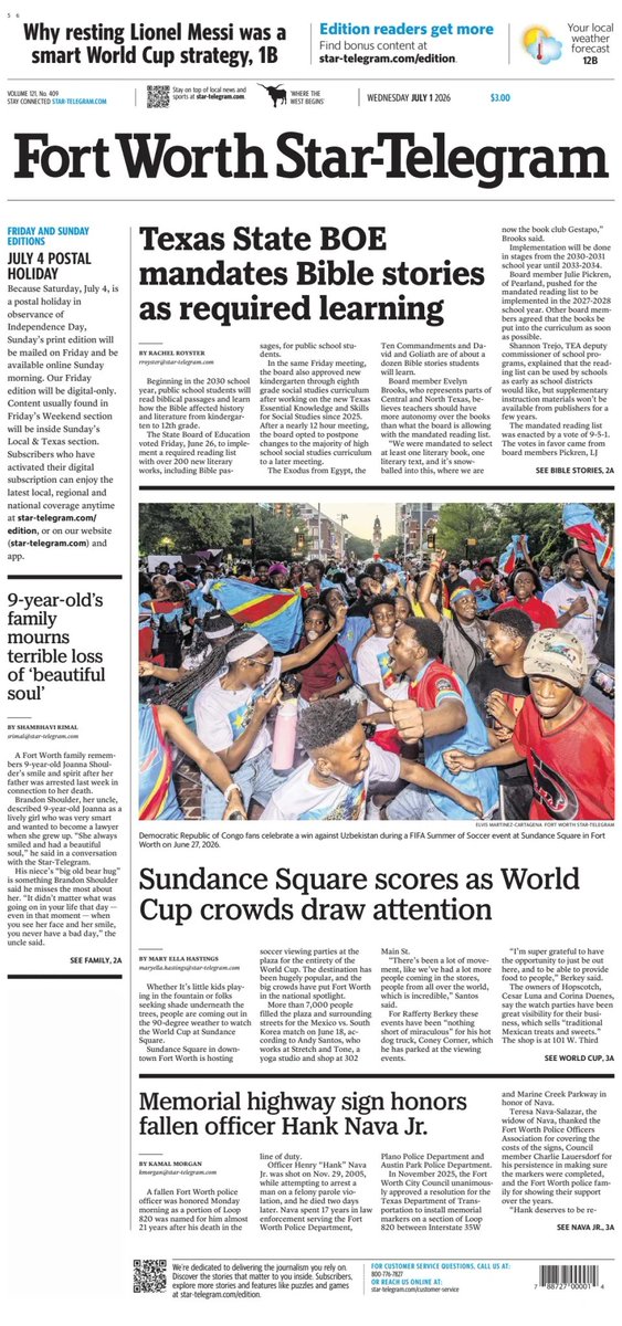 ukpapers's tweet photo. ▫Texas State BOE mandates Bible stories as required learning

▫@RachelGRoyster
▫https://t.co/CsmDfLtRBW

@startelegram #frontpagestoday #USA 🇺🇸 https://t.co/BYHxAZ5qUG