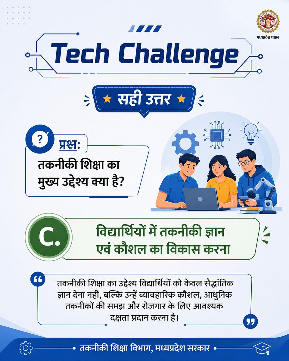 mintechnicalmp's tweet photo. #Tech_Challenge
बताइए...
तकनीकी शिक्षा का मुख्य उद्देश्य क्या है?
✅ सही उत्तर: C. विद्यार्थियों में तकनीकी ज्ञान एवं कौशल का विकास करना
@DrMohanYadav51
@CMMadhyaPradesh
@Indersinghsjp
#TechicalMP
#JansamparkMP https://t.co/YhkFb1MHBB