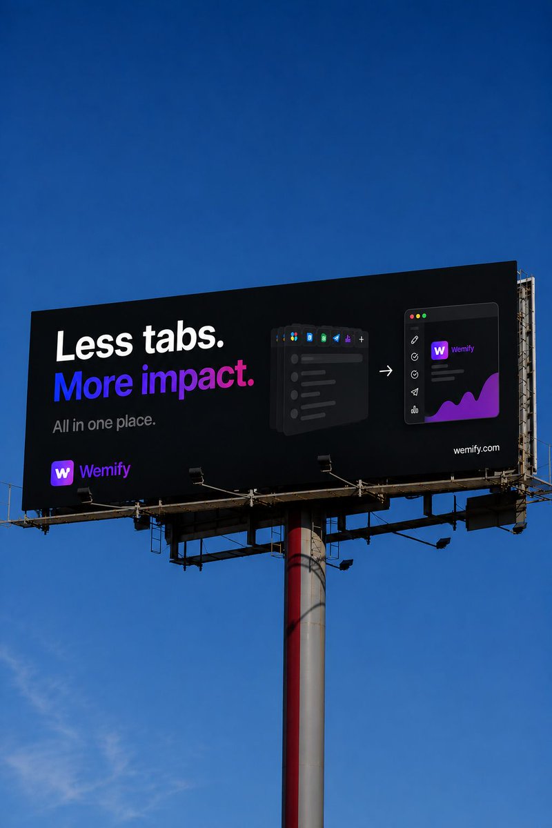 Wemifyapp's tweet photo. Too many tabs open? We've all been there. 
 
Our latest billboard is a reminder: there's a smarter way to work. Consolidate tasks, streamline workflows, and cut the digital clutter.

Reply if you're ready to achieve "less tabs, more impact." https://t.co/VtTE90o2cf