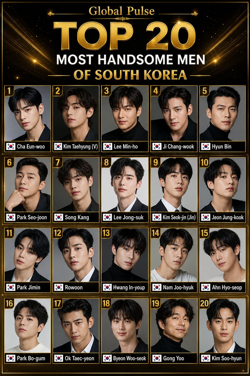 Globalstats_77's tweet photo. 🇰🇷 Top 20 Most Handsome Men of South Korea

🇰🇷 Cha Eun-woo
🇰🇷 Kim Taehyung (V)
🇰🇷 Lee Min-ho
🇰🇷 Ji Chang-wook
🇰🇷 Hyun Bin
🇰🇷 Park Seo-joon
🇰🇷 Song Kang
🇰🇷 Lee Jong-suk
🇰🇷 Kim Seok-jin (Jin)
🇰🇷 Jeon Jung-kook
🇰🇷 Park Jimin
🇰🇷 Rowoon
🇰🇷 Hwang In-youp
🇰🇷 Nam Joo-hyuk
🇰🇷 Ahn Hyo-seop
🇰🇷 Park Bo-gum
🇰🇷 Ok Taec-yeon
🇰🇷 Byeon Woo-seok
🇰🇷 Gong Yoo
🇰🇷 Kim Soo-hyun