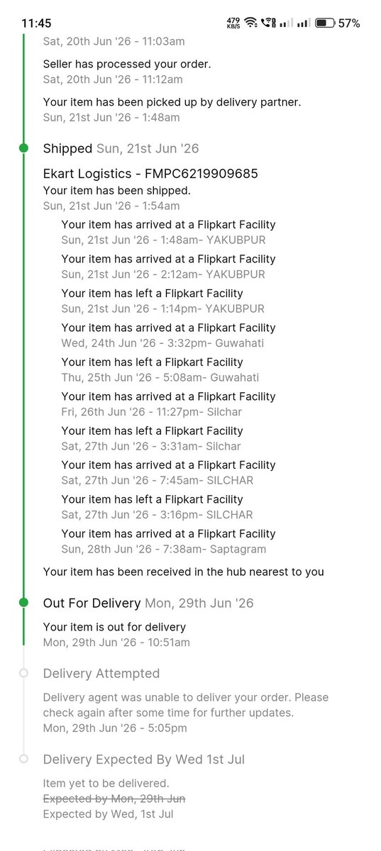 RealChoudhury's tweet photo. Dear @Flipkart &amp; @ekartlogistics my order was marked Out for Delivery on 29 June. I requested the delivery agent to deliver it on 30 June &amp; he agreed. Today 1 July, I still haven't received any call or delivery update. This is extremely poor service. Please resolve this ASAP. https://t.co/ocmZ9gkXNX