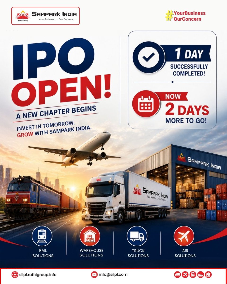 SilplIndia's tweet photo. Day 1 of the #SamparkIndiaLogistics #IPO has been successfully completed, and we're grateful for the trust and support we've received.

#SamparkIndia #OneSolution #Logistics #Shipping #Transport #AirCargo #Trucking #RailFreight #SafeShipping #IPO2026 #InvestInGrowth #BSESME https://t.co/4dBYlg8CQ7