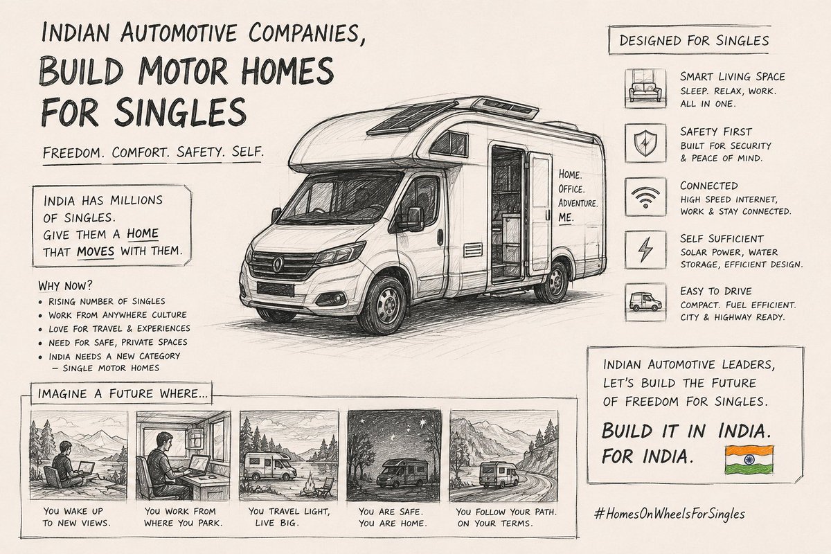 HariNandakumarC's tweet photo. Relationship trust in India has left the chat. Between "Siya Point" & honeymoon murders, staying single is a survival mechanism.
Auto giants, skip family cars. Launch custom motorhomes for solo living. Safe, independent & impossible to get pushed off a balcony. #SingleLife https://t.co/JVOBU6GPxO