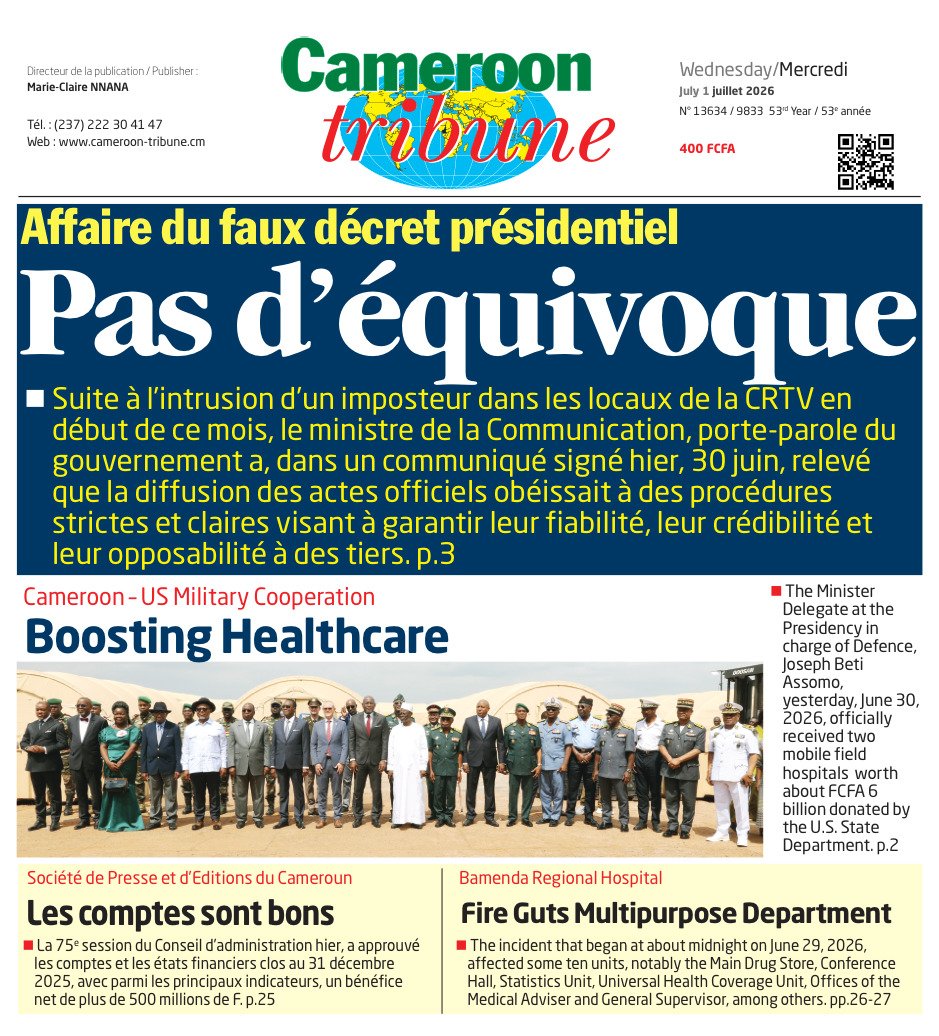 CamerounTribune's tweet photo. Bonjour fidèles abonnés de Cameroon Tribune ! Votre #Journal est disponible en #Kiosque et sur https://t.co/LtLa0TuX5c
#News #Actualités #Informations #Cameroun #Cameroun #Media #PresseEcrite https://t.co/f6qICZRCyx