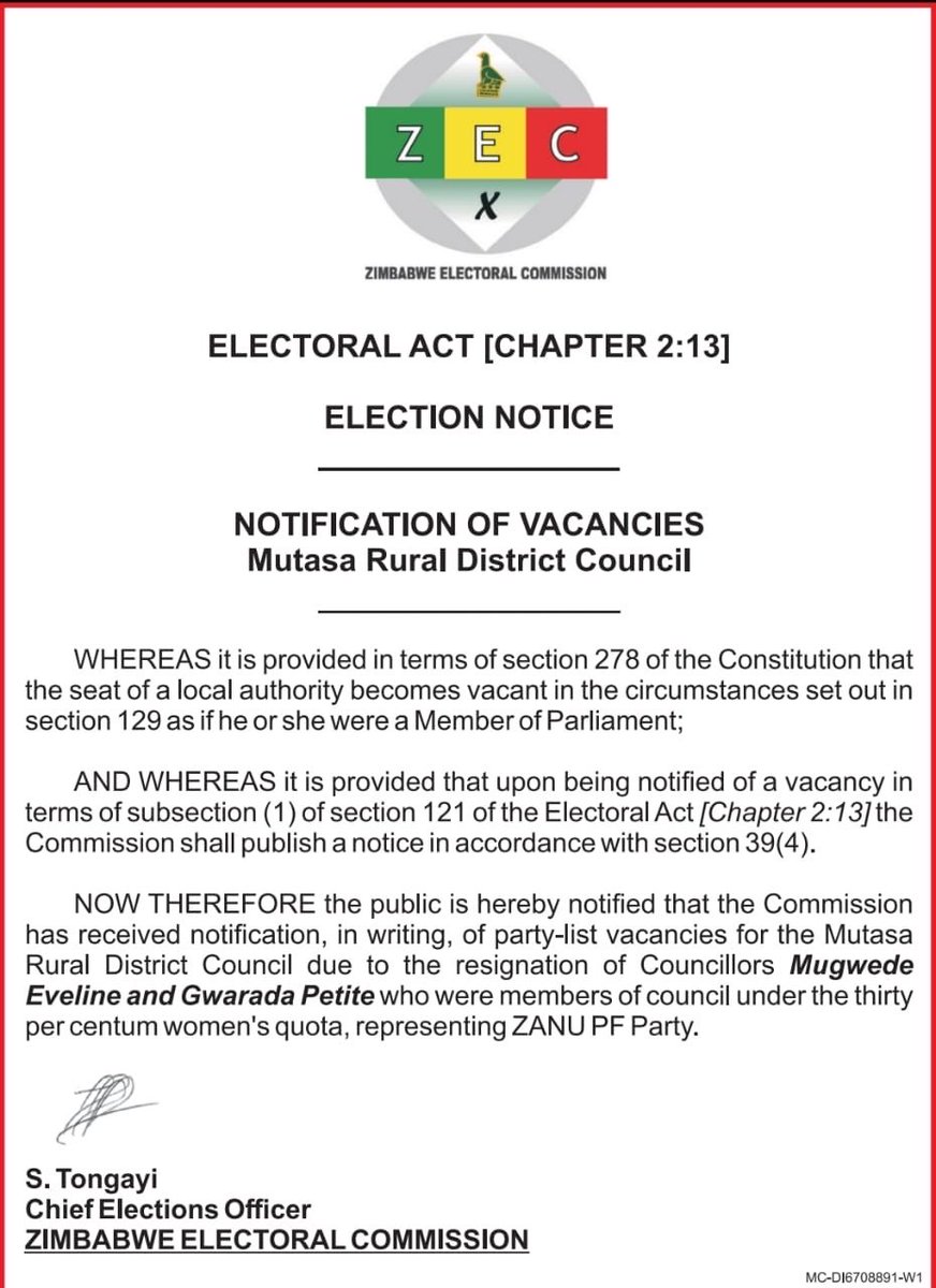 ZECzim's tweet photo. By-Election Notice Mutasa RDC https://t.co/rfhYhlDVxB