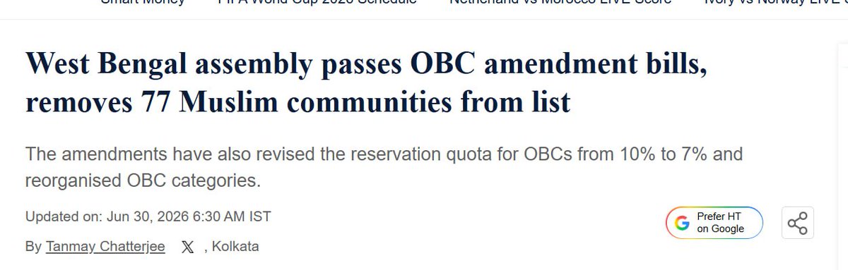 ISN_report's tweet photo. 🚨 West Bengal removes 77 Muslim communities from the OBC list.

The OBC reservation quota has also been reduced from 10% to 7%. https://t.co/AfRdcQBYjZ
