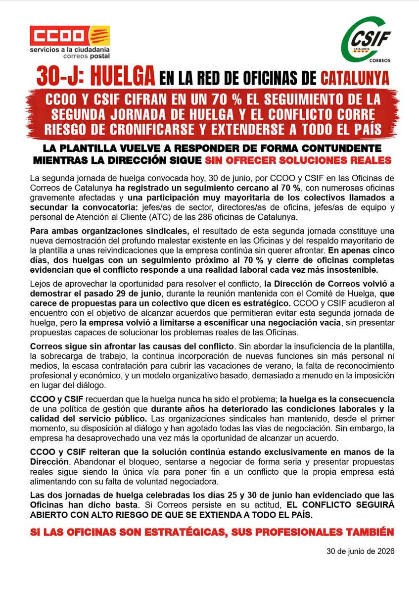 CCOOrreos_Bcn's tweet photo. Segunda jornada de éxito. La plantilla vuelve a la carga con contundencia demostrando que ya no hay marcha atrás, que no quieren volver a lo mismo de siempre, a las colas interminables, a las presiones de la empresa, a situaciones denigrantes.
HEMOS DICHO BASTA!!! https://t.co/bGUpII0Ql7