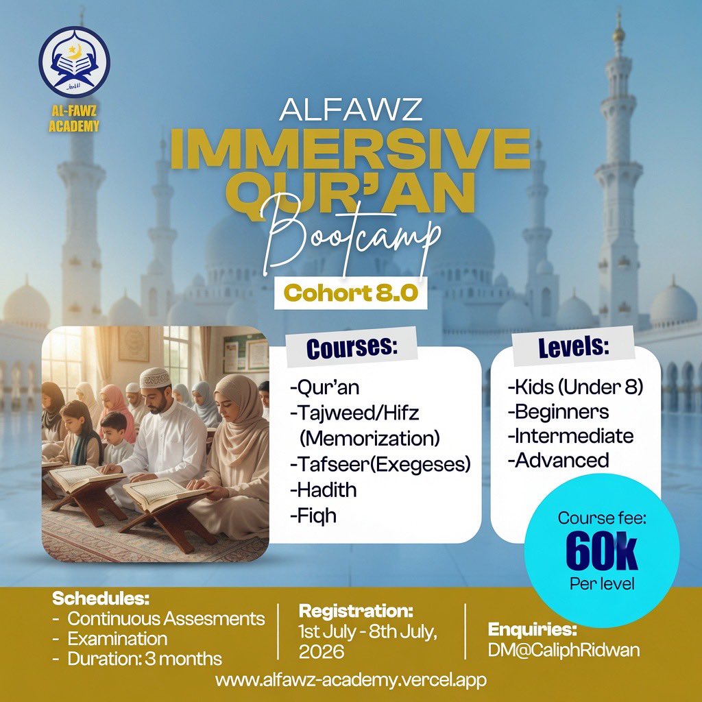CaliphRidwan's tweet photo. Assalāmu ‘alaykum warahmatuLlāhi wabarakātuh 

REGISTRATION! REGISTRATION!!

This is to inform the Ummah that REGISTRATION @ AlFawz Academy for the cohort 8.0 is now OPEN

Register here:👇🏼

https://t.co/GuiviN0yRs

Or send a DM

More details @: https://t.co/47EvDYoAeb

Kindly RT https://t.co/gRP4eTVKQw