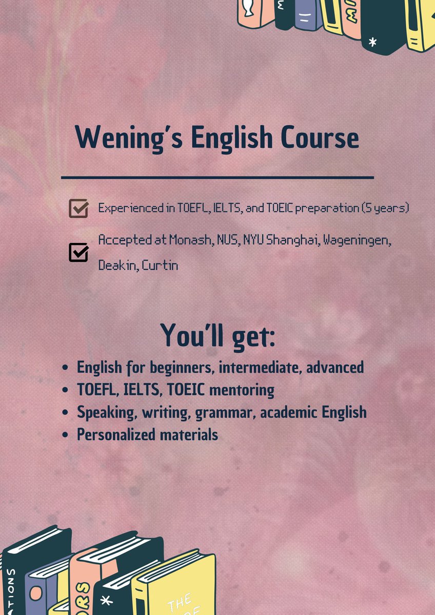 liltcadenza's tweet photo. Hai teman-teman! Aku kembali buka les bahasa inggris online yaa. 
Aku berpengalaman ngajar TOEFL IBT maupun ITP 6 tahun
Business english dan IELTS 2 tahun
Aku juga bisa bangett bantu bimbingan motlet dan study abroad (I got LoAs from NUS, NYU, dll)
Kelasnya private 1on1 yaaa￼ https://t.co/K1iznp57NA