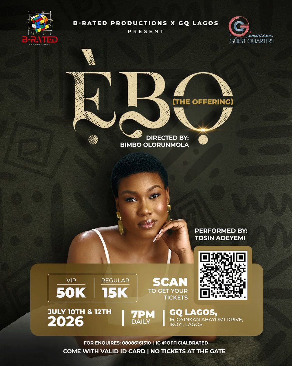 NaijaTheatre's tweet photo. 🎭 Looking for a theatre experience this July?
EBO (The Offering) is a compelling one-woman stage play starring @thetosinadeyemi, directed by Bimbo Olorunmola and produced by @BRatedofficial.
Tickets available here 👇🏼
https://t.co/QfutHcgYBZ
#StagePlay #Lagos https://t.co/h2PzxgH8WJ