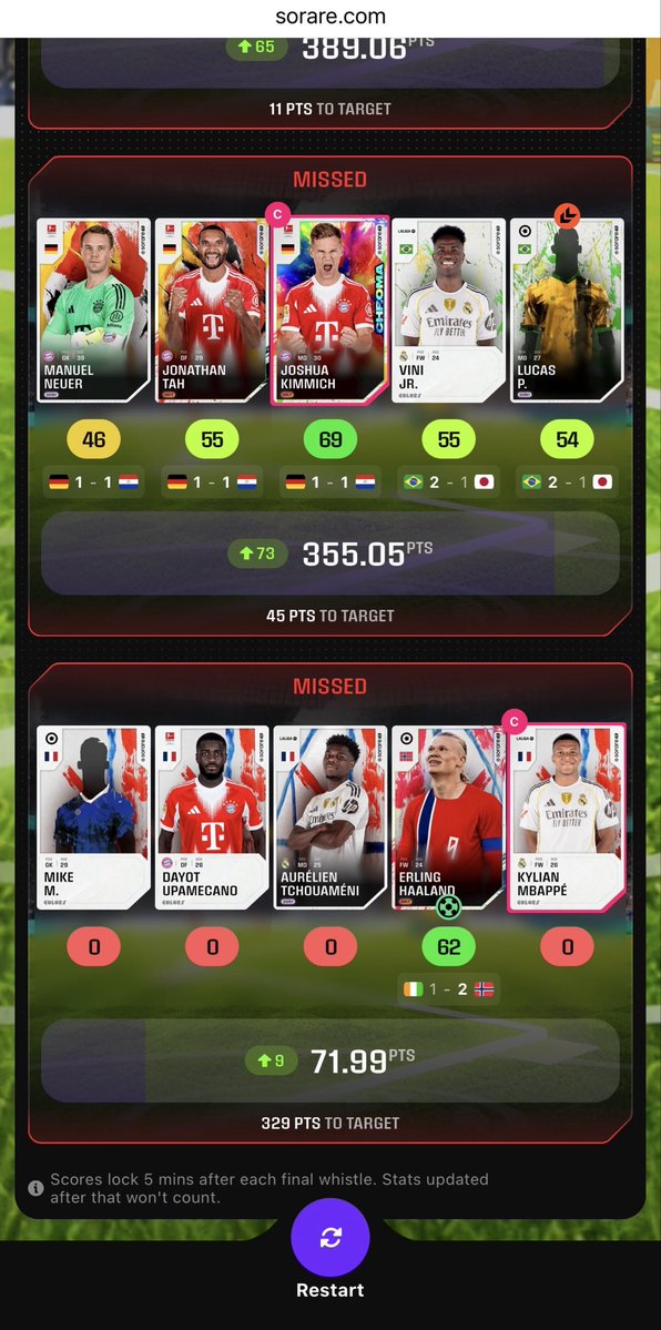 mpenn_10's tweet photo. 13:45 and nothing changed. Still says MISS, still says 0 on all French players and still says “restart”. 

Support case opened @soraresupport still no response. 

Didn’t get a chance to go for the 440 with Mexico v Ecuador last night, and looks like I won’t get a chance to go for the 440/480 with England or Belgium tonight. 

Useless.