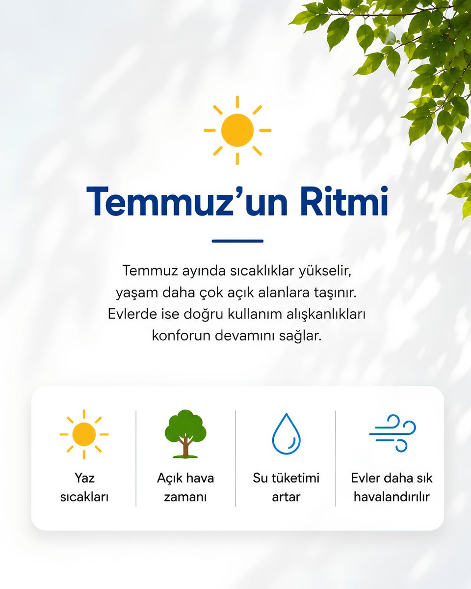 palgazdogalgaz's tweet photo. Temmuz, yazın temposunun en çok hissedildiği dönemlerden biri. ☀️ 

Evlerin daha sık havalandırıldığı, açık alanlarda geçirilen zamanın arttığı bu dönemde, güvenli ve konforlu doğal gaz kullanımı için basit kontrolleri ihmal etmemek önem taşıyor. https://t.co/AQ0kjhrvE2