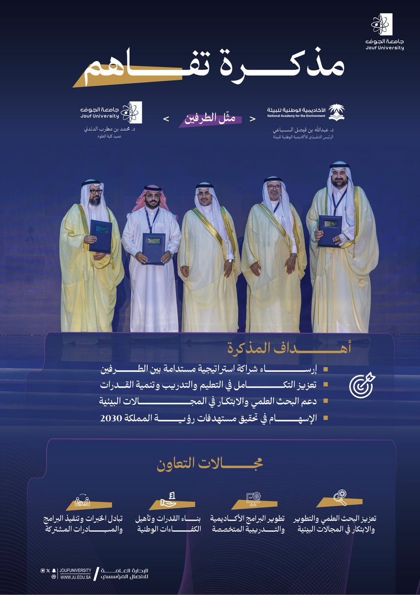 JoufUniversity's tweet photo. #خبر |
#جامعة_الجوف توقّع مذكرة تفاهم مع الأكاديمية الوطنية للبيئة، امتدادًا لجهود الجامعة في بناء شراكات نوعية مع القطاعات الوطنية المختلفة، وتعزيز التعاون في التعليم والتدريب والبحث العلمي البيئي وترسيخ دورها في خدمة قضايا التنمية المستدامة، والمساهمة في إيجاد حلول مبتكرة للتحديات المرتبطة بالموارد الطبيعية والمياه والبيئة. 
https://t.co/eq9X2HzNSp