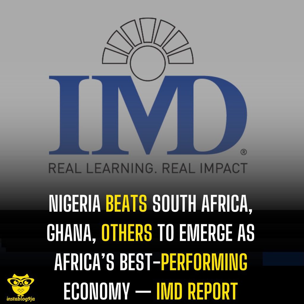 instablog9ja's tweet photo. Nigeria Beats South Africa, Ghana, Others to Emerge as Africa’s Best-Performing Economy — IMD Report

Nigeria has emerged as Africa’s best-performing economy in the International Institute for Management Development (IMD) World Competitiveness Ranking 2026, outperforming South Africa, Ghana, Kenya, Namibia and Botswana on the report’s economic performance pillar.

The report ranked Nigeria 55th globally in economic performance with a score of 45.2, the highest among the six African countries assessed. South Africa followed with 36.27, while Ghana, Kenya, Namibia and Botswana trailed behind.

However, despite leading the continent in economic performance, Nigeria slipped one place in the overall global competitiveness ranking, dropping from 67th in 2025 to 68th out of 70 economies in 2026.

According to the report, weak infrastructure, macroeconomic instability and institutional challenges continue to hold the country back. Nigeria’s infrastructure ranking fell to 70th globally, making it the country’s weakest area.

The IMD also found that Nigerian business leaders see high borrowing costs (67.6%), exchange rate volatility (67.3%) and inflation (61.2%) as the biggest obstacles to competitiveness. Insecurity, unreliable electricity supply and transport bottlenecks were also highlighted as major concerns.

On a brighter note, Nigeria ranked 16th in public finance, 15th in tax policy and 22nd in labour market performance, showing strengths in key areas despite broader structural challenges.

The report concluded that while Nigeria currently leads Africa in economic performance, sustained reforms to improve infrastructure, strengthen institutions and reduce the cost of doing business are essential for the country to climb the global competitiveness rankings.