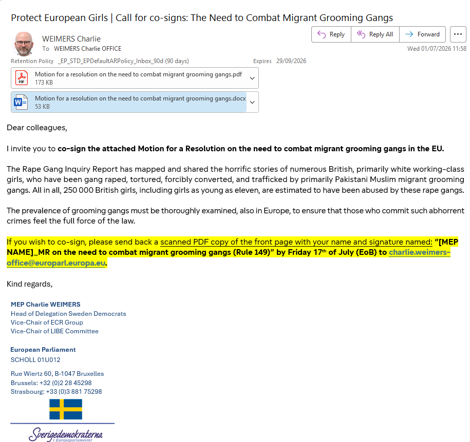 weimers's tweet photo. Today the Sweden Democrats invite all Members of the European Parliament to support a resolution on the need to combat Muslim migrant grooming gangs.

We must act now, before it is too late. https://t.co/Xt7wqUvR4i