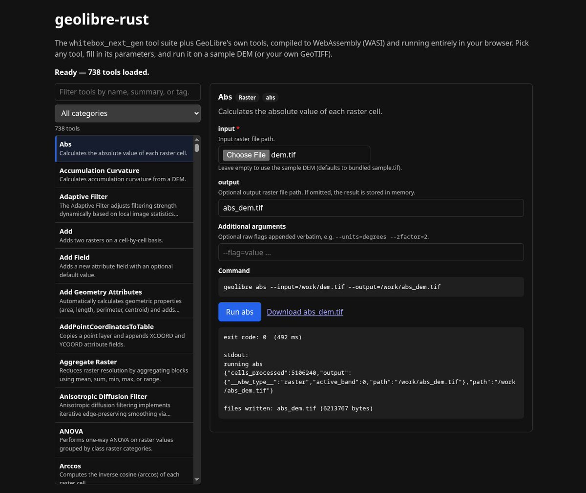 dayjournal_nori's tweet photo. ブラウザ内で動くRust地理空間ツールキット「geolibre-rust」🗺️
GeoLibre向けのRustツールキット。地形・LiDAR・ベクタ/ラスタ解析などのツールをWebAssemblyでブラウザ内実行できます。サーバーやGDALなしで動くのが特徴です。
https://t.co/lgLGi2hKm2
#foss4g #foss4gj https://t.co/lqSpJ2KF6G