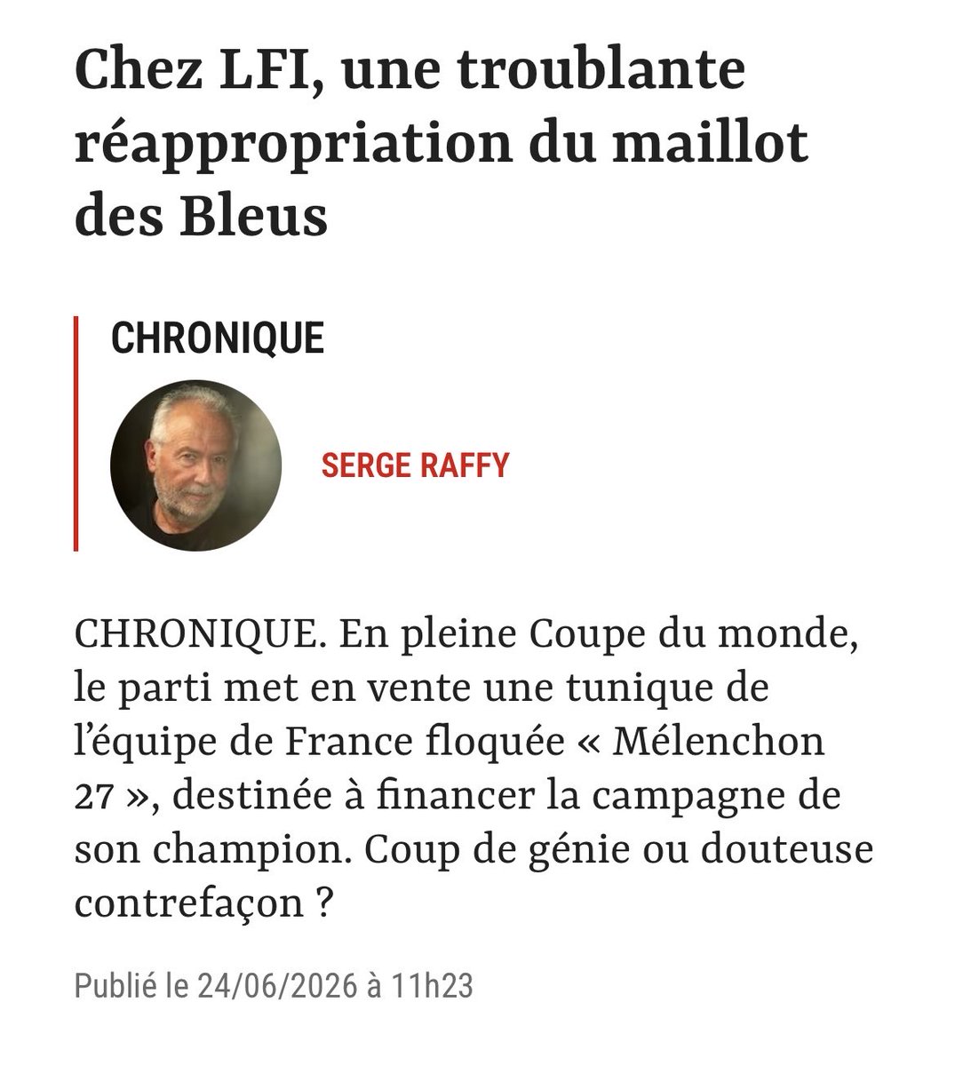 JakubowiczA's tweet photo. Après « La République c’est moi » voici « L’équipe de France c’est moi ! » Quand @Melenchon contrefait le maillot de l’équipe de France de football #LFI
@FFF  #LesBleus #Mondial https://t.co/KAPNJxcbxg