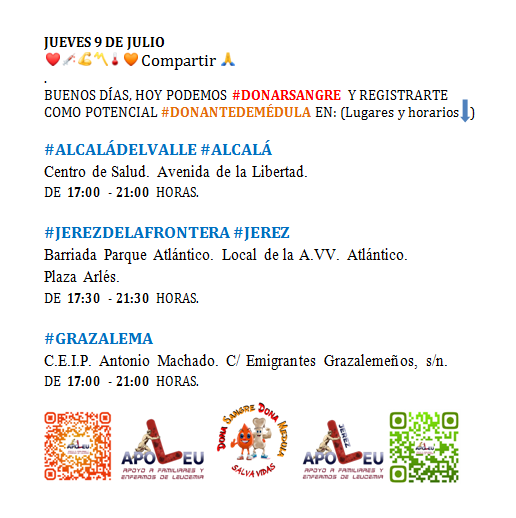 ApoLeuJerez's tweet photo. JUEVES 9 DE JULIO PUEDE #DONARSANGRE Y REGISTRARSE COMO #DONANTEDEMÉDULA
@ApoLeu EN ❤️💉💪〽️🌡🧡 RT🙏
#GRAZALEMA
@radiograzalema @grazalematuris @BandadGrazalema @EigrazalemaEi @josegrazalema @BGrazalema
#DONASANGRE #DONAMÉDULA #SALVAVIDAS #REGALALATIDOS https://t.co/NrjHZRwy4v