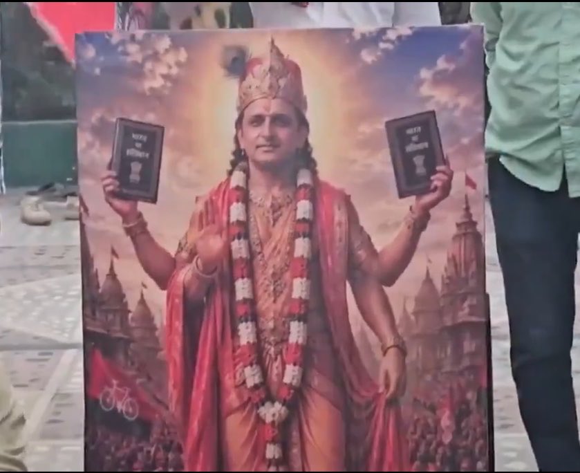 pallavict's tweet photo. So s!ck 

First CONgis depict Rahul Gandhi as Prabhu Parshuram, an avatar of Prabhu Vishnu 

“Inspired” by them, now Nam@zwadis are portraying Akhilesh Yadav as Prabhu Vishnu🤨🤨👇👇

Akhilesh Yadav says that he doesn’t believe in puja paath 

He didn’t go for Ram Mandir Pran Pratishtha ceremony 

Recently Akhilesh Yadav insulted a Hindu saint - Hatao Babaji ko 

Don’t they have any shame? 

Himmat hain toh ask this great leader to support “Krishna Janmabhoomi movt”